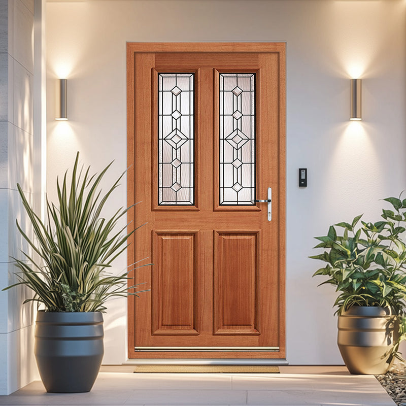 Derby Hardwood Front Door and Frame Set with Fittings - Leaded - Double Glazing