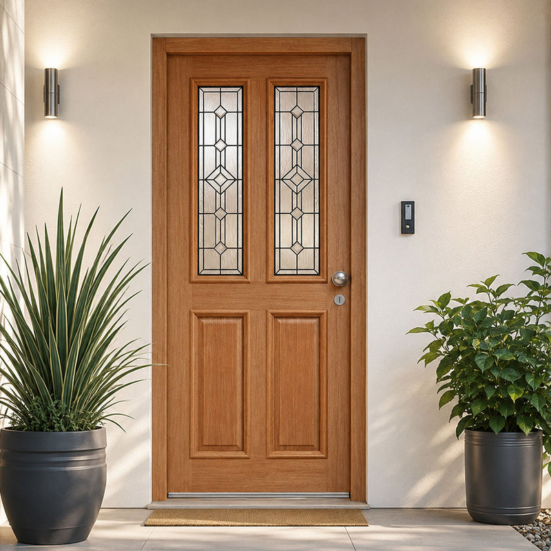 Derby Hardwood Front Door and Frame Set with Fittings - Leaded - Double Glazing