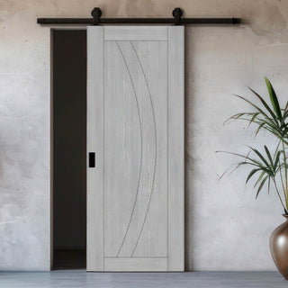 Image: Top Mounted Black Sliding Track & Door - Ravello Prefinished Light Grey Ash Door