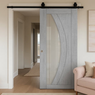 Image: Top Mounted Black Sliding Track & Door - Ravello Prefinished Light Grey Ash Door - Clear Glass