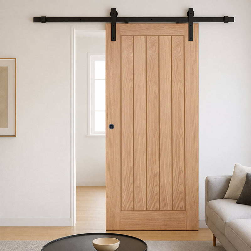 Single Sliding Door & Black Barn Track - Belize Oak Door - Unfinished