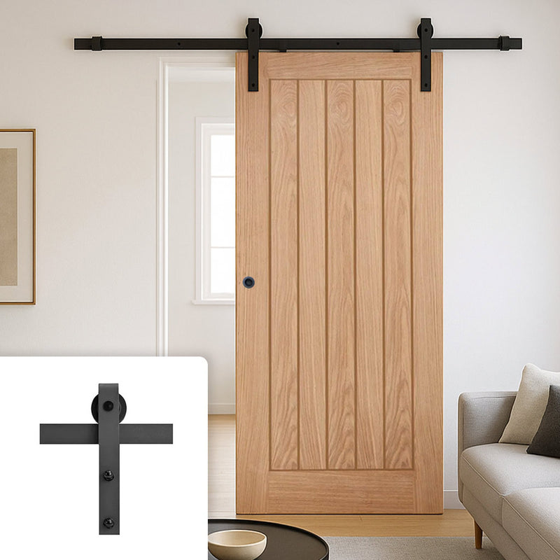 Single Sliding Door & Black Barn Track - Belize Oak Door - Unfinished