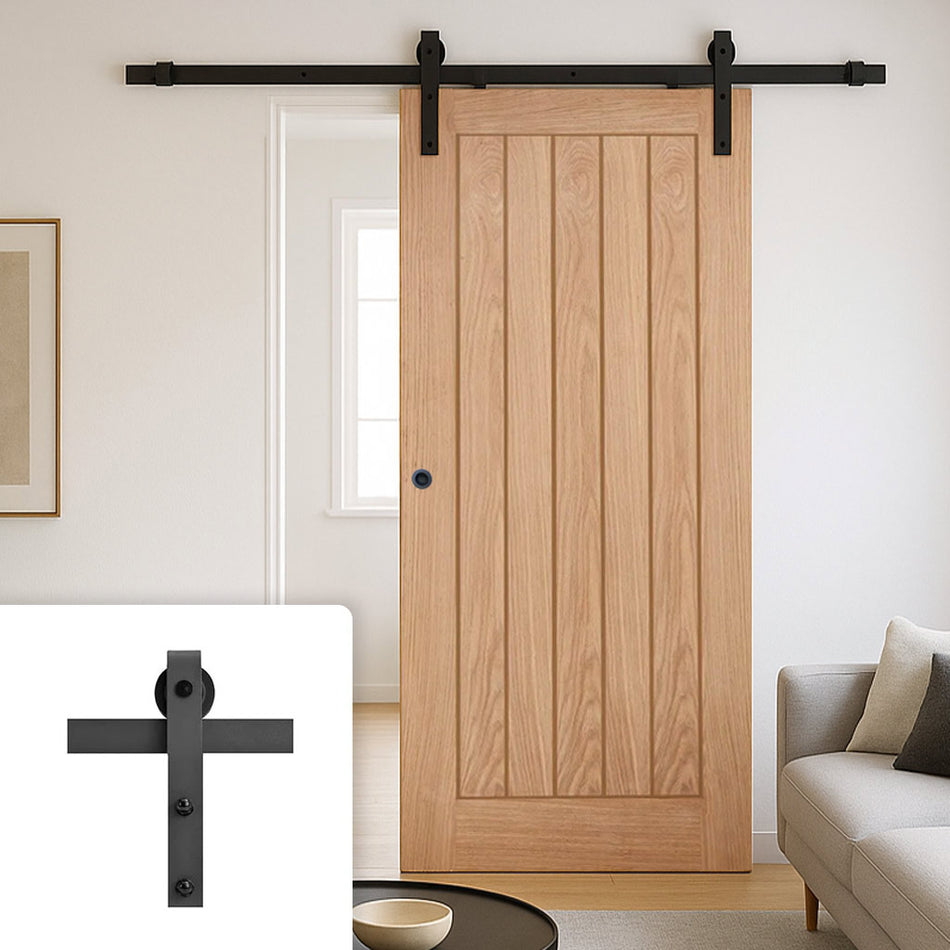 Single Sliding Door & Black Barn Track - Belize Oak Door - Unfinished
