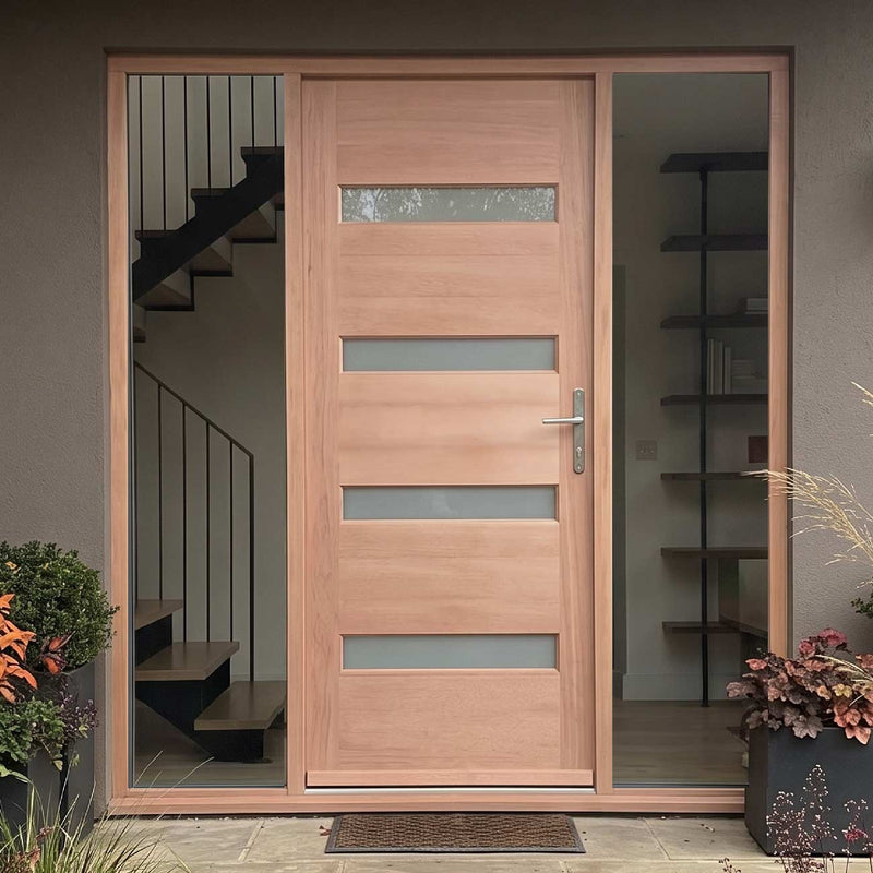 External Door & Frame Set - Balham Hardwood - Frosted Double Glazing - Two Unglazed Side Screens