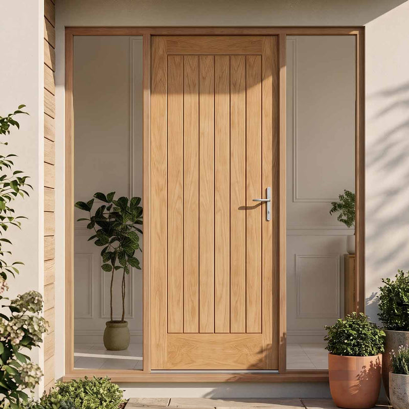 External Door & Frame Set - Norfolk Flush Oak - Two Unglazed Side Screens