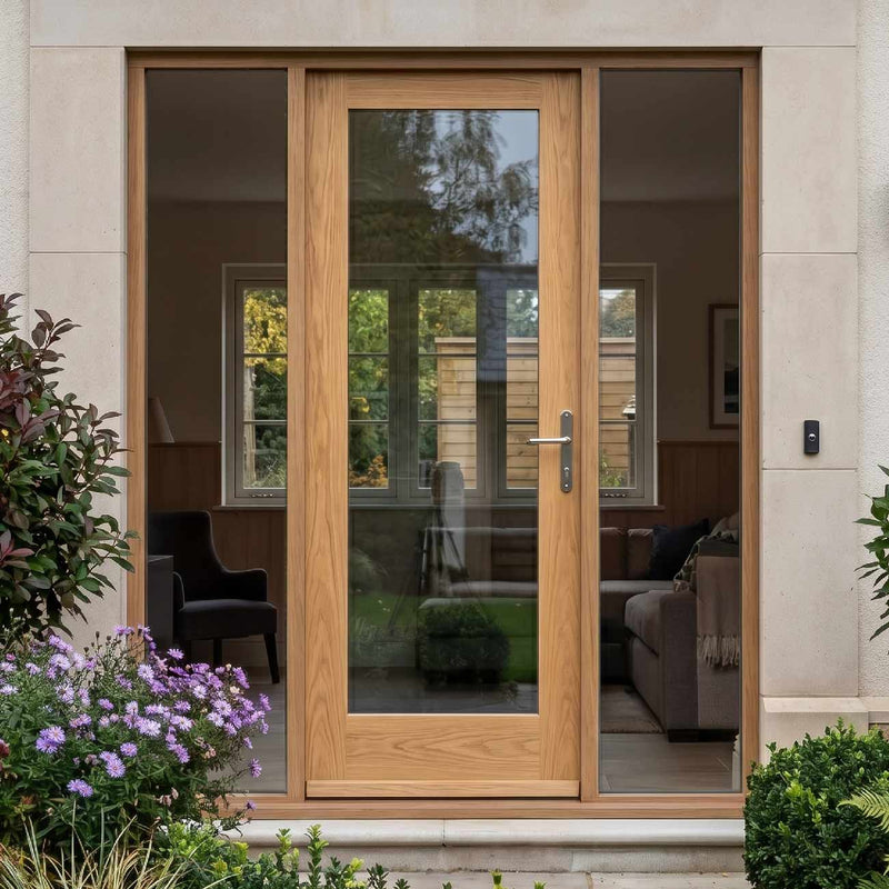 External Door & Frame Set - Shaker 1L Oak - Clear Double Glazing - Two Unglazed Side Screens