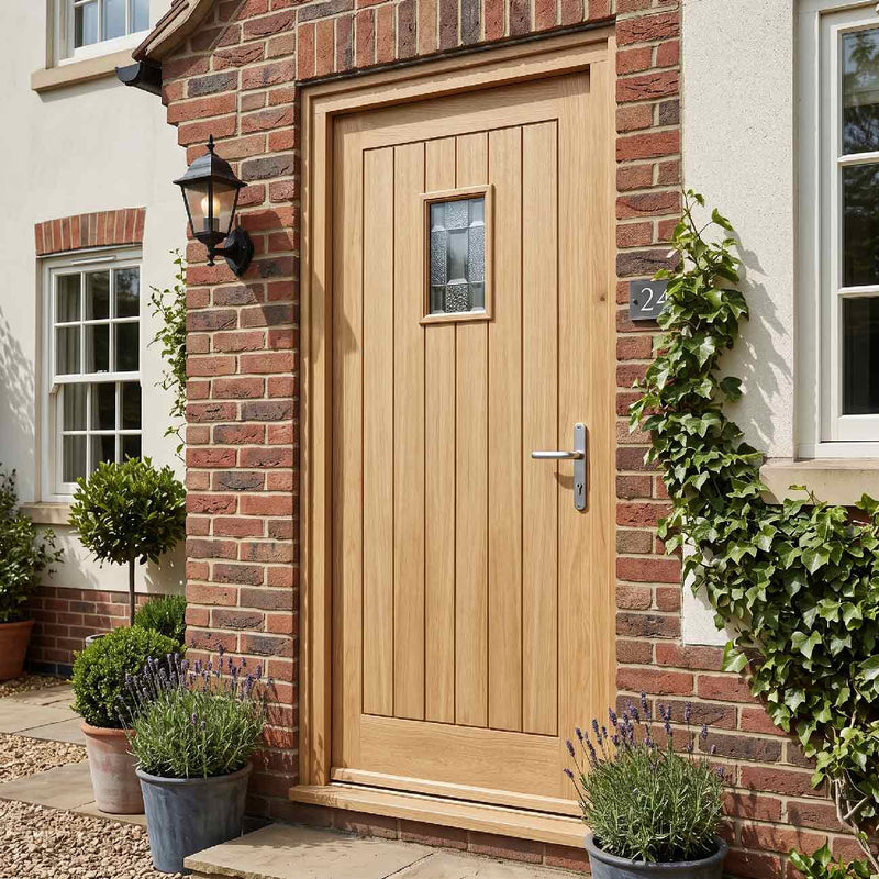 External Door & Frame Set - Suffolk Oak - Part Frosted Double Glazing