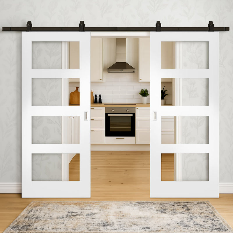 Top Mounted Sliding Track & Double Door - Coventry White Primed Shaker Door - Clear Glass