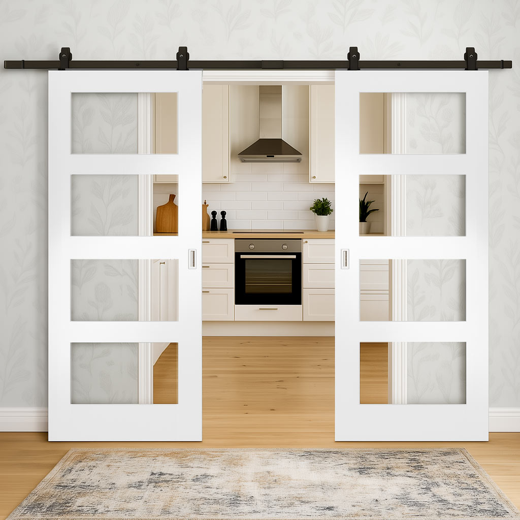 Top Mounted Sliding Track & Double Door - Coventry White Primed Shaker Door - Clear Glass