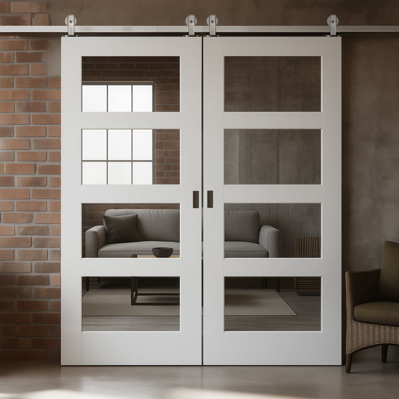 Top Mounted Stainless Steel Sliding Track & Double Door - Coventry White Primed Shaker Door - Clear Glass
