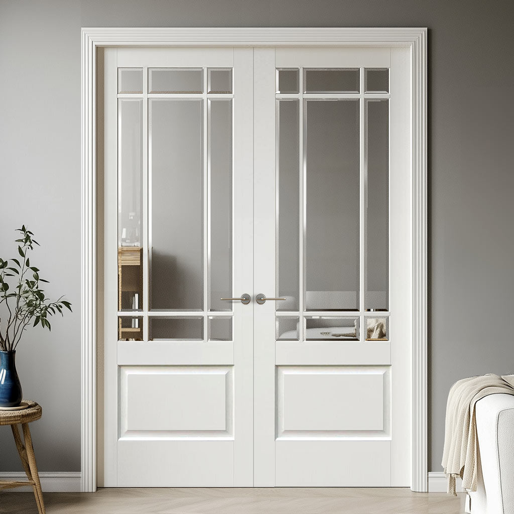 Downham Internal Door Pair - Bevelled Clear Glass - White Primed