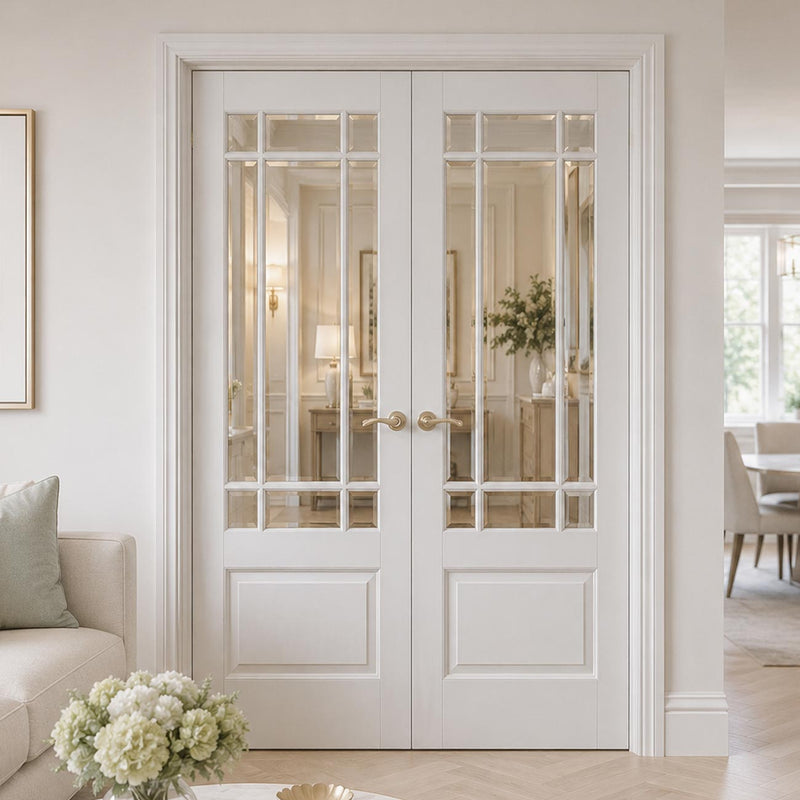 Downham Internal Door Pair - Bevelled Clear Glass - White Primed