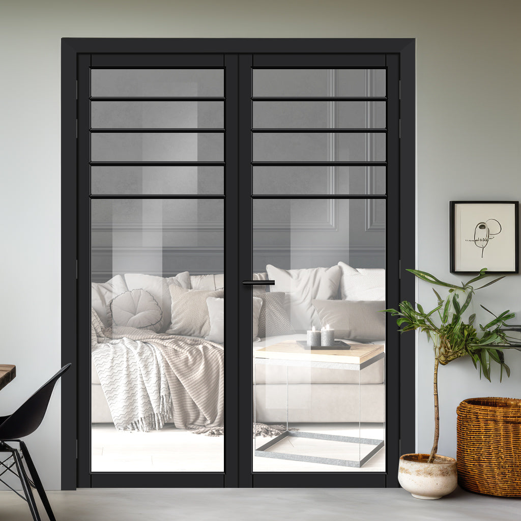 Drake Solid Wood Internal Door Pair UK Made DD0108C Clear Glass - Shadow Black Premium Primed - Urban Lite® Bespoke Sizes