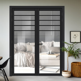 Image: Drake Solid Wood Internal Door Pair UK Made DD0108C Clear Glass - Shadow Black Premium Primed - Urban Lite® Bespoke Sizes