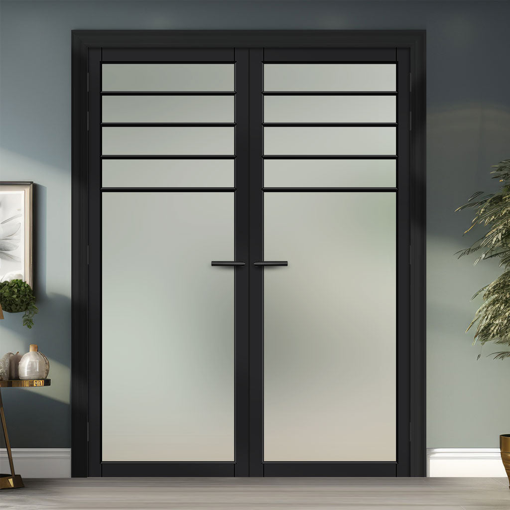 Drake Solid Wood Internal Door Pair UK Made DD0108F Frosted Glass - Shadow Black Premium Primed - Urban Lite® Bespoke Sizes