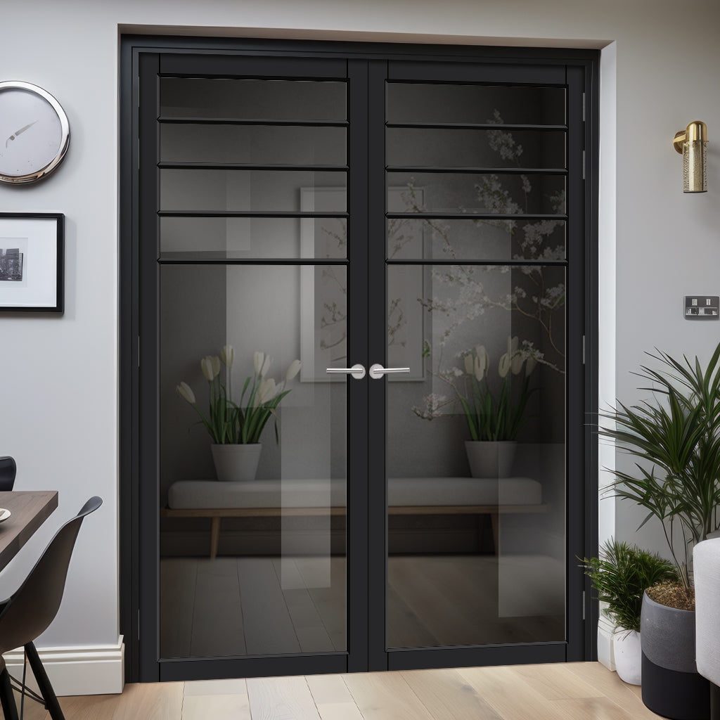 Drake Solid Wood Internal Door Pair UK Made DD0108T Tinted Glass - Shadow Black Premium Primed - Urban Lite® Bespoke Sizes