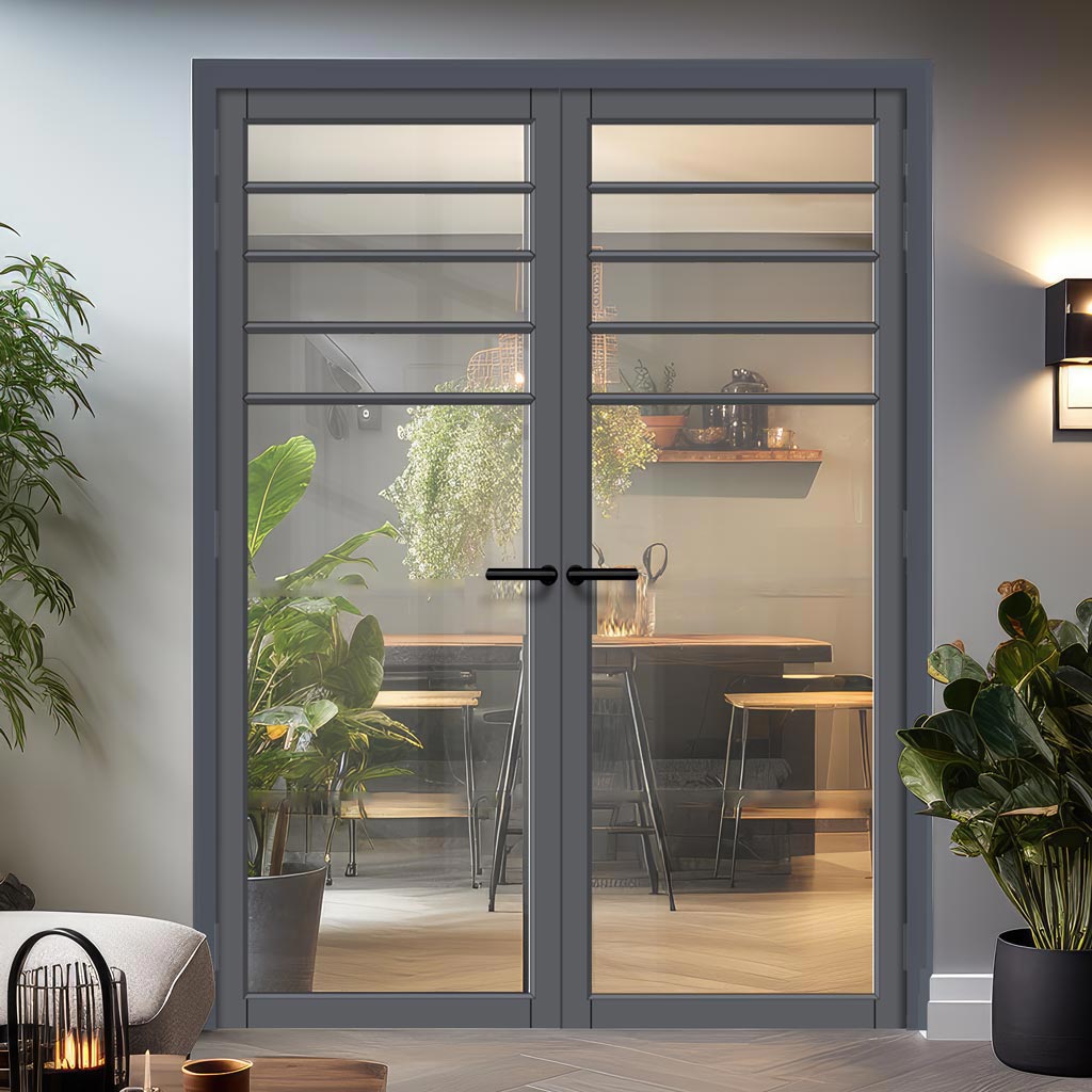 Drake Solid Wood Internal Door Pair UK Made DD0108C Clear Glass - Stormy Grey Premium Primed - Urban Lite® Bespoke Sizes