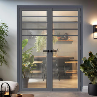 Image: Drake Solid Wood Internal Door Pair UK Made DD0108C Clear Glass - Stormy Grey Premium Primed - Urban Lite® Bespoke Sizes