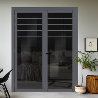 Image: Drake Solid Wood Internal Door Pair UK Made DD0108T Tinted Glass - Stormy Grey Premium Primed - Urban Lite® Bespoke Sizes