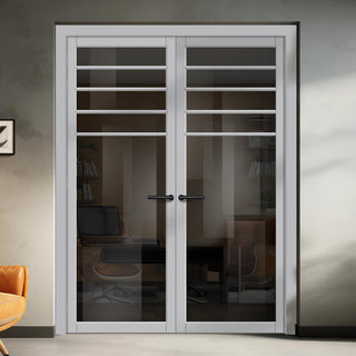Image: Drake Solid Wood Internal Door Pair UK Made DD0108T Tinted Glass - Mist Grey Premium Primed - Urban Lite® Bespoke Sizes