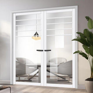 Image: Drake Solid Wood Internal Door Pair UK Made DD0108C Clear Glass - Cloud White Premium Primed - Urban Lite® Bespoke Sizes