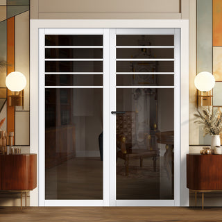 Image: Drake Solid Wood Internal Door Pair UK Made DD0108T Tinted Glass - Cloud White Premium Primed - Urban Lite® Bespoke Sizes