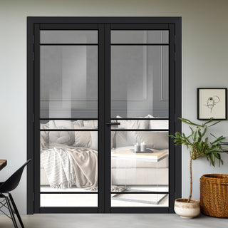 Image: Ebida Solid Wood Internal Door Pair UK Made DD0113C Clear Glass - Shadow Black Premium Primed - Urban Lite® Bespoke Sizes