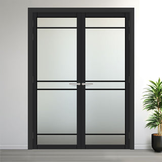 Image: Ebida Solid Wood Internal Door Pair UK Made DD0113F Frosted Glass - Shadow Black Premium Primed - Urban Lite® Bespoke Sizes