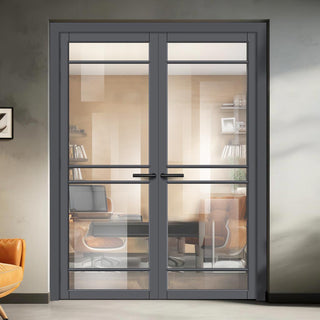 Image: Ebida Solid Wood Internal Door Pair UK Made DD0113C Clear Glass - Stormy Grey Premium Primed - Urban Lite® Bespoke Sizes