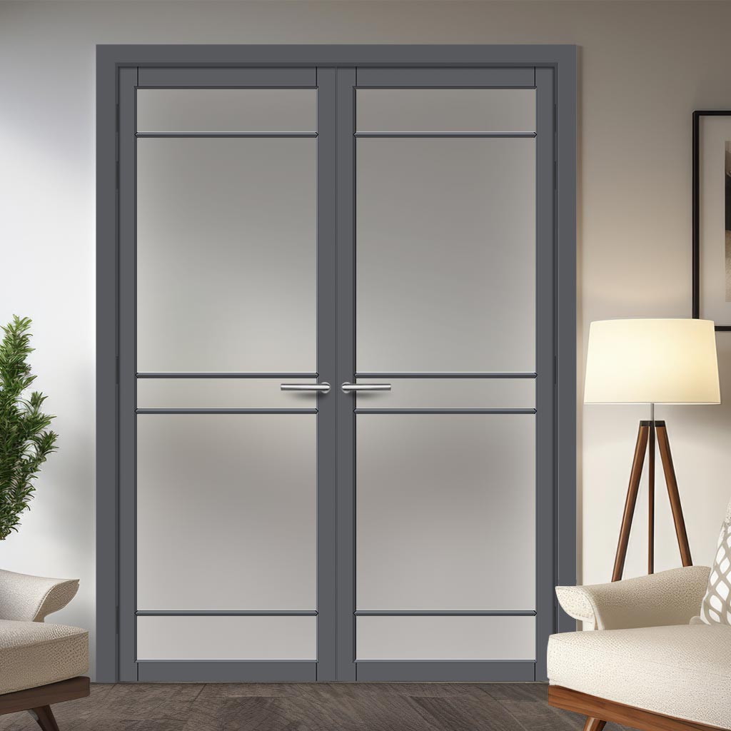 Ebida Solid Wood Internal Door Pair UK Made DD0113F Frosted Glass - Stormy Grey Premium Primed - Urban Lite® Bespoke Sizes