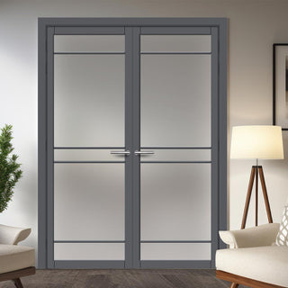 Image: Ebida Solid Wood Internal Door Pair UK Made DD0113F Frosted Glass - Stormy Grey Premium Primed - Urban Lite® Bespoke Sizes