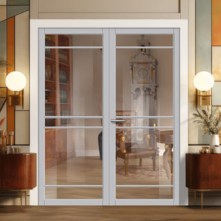 Image: Ebida Solid Wood Internal Door Pair UK Made DD0113C Clear Glass - Mist Grey Premium Primed - Urban Lite® Bespoke Sizes