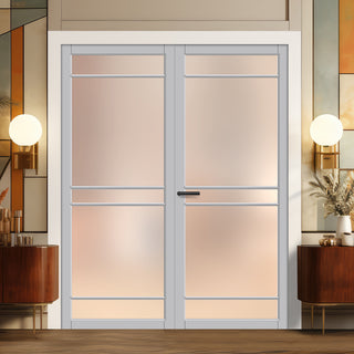 Image: Ebida Solid Wood Internal Door Pair UK Made DD0113F Frosted Glass - Mist Grey Premium Primed - Urban Lite® Bespoke Sizes