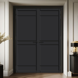 Image: Ebida Panel Solid Wood Internal Door Pair UK Made DD0113P - Shadow Black Premium Primed - Urban Lite® Bespoke Sizes