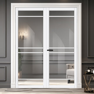 Image: Ebida Solid Wood Internal Door Pair UK Made DD0113C Clear Glass - Cloud White Premium Primed - Urban Lite® Bespoke Sizes