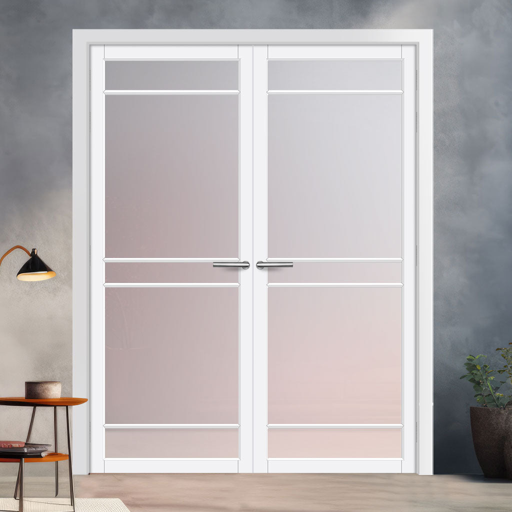 Ebida Solid Wood Internal Door Pair UK Made DD0113F Frosted Glass - Cloud White Premium Primed - Urban Lite® Bespoke Sizes