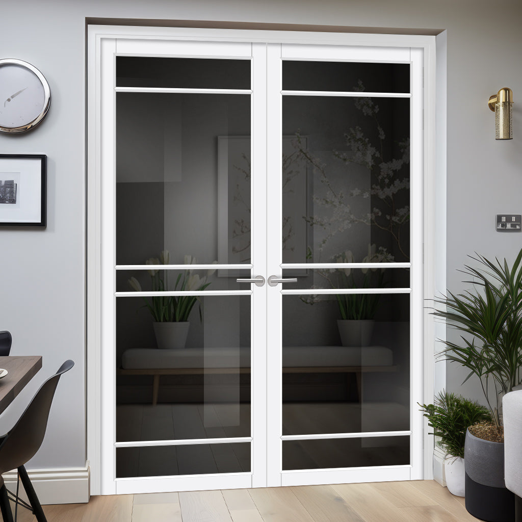 Ebida Solid Wood Internal Door Pair UK Made DD0113T Tinted Glass - Cloud White Premium Primed - Urban Lite® Bespoke Sizes
