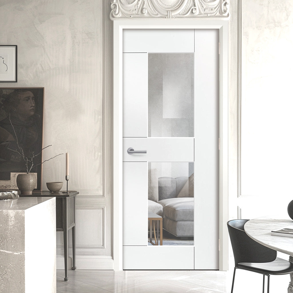 EasiKit Internal Door and Frame Kit - JBK White Shaker Eccentro Primed Internal Door - Clear Glass