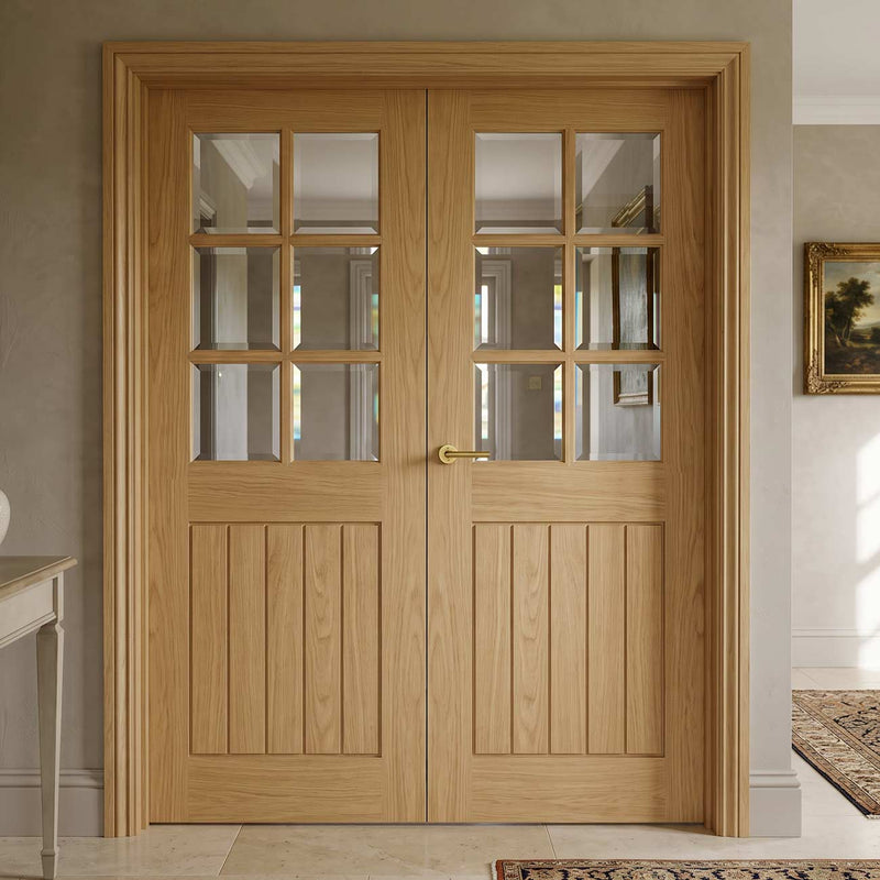 Bespoke Ely Real American Oak Veneer Internal Door Pair - Clear Bevelled Glass - Prefinished