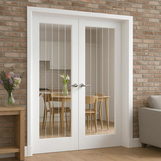 Image: Ely White Primed Glazed Interior Door Pair - Clear Etched Glass