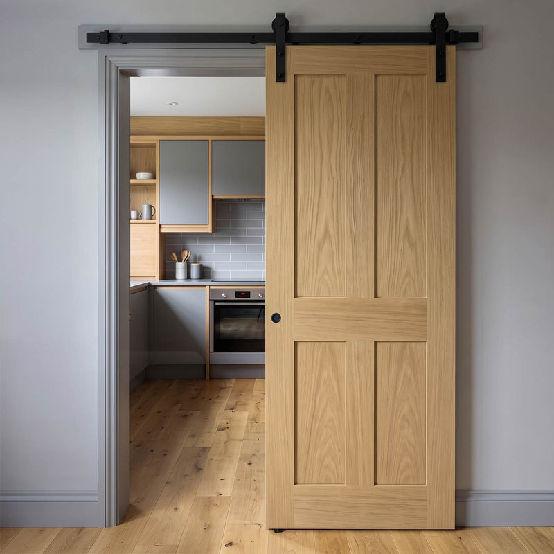 Single Sliding Door & Black Barn Track - Eton American Oak Veneer Door - Unfinished