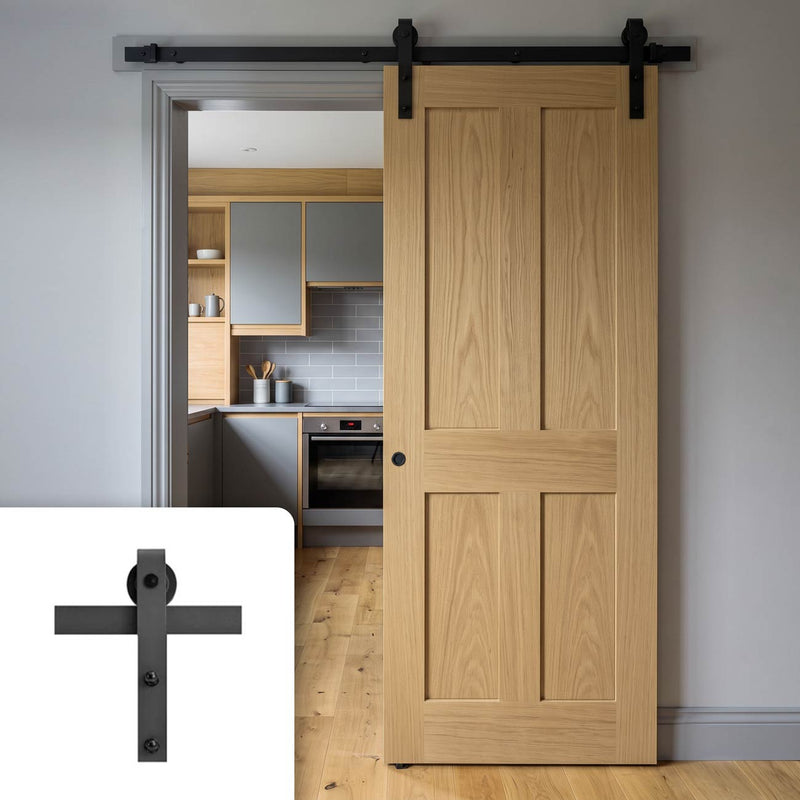 Single Sliding Door & Black Barn Track - Eton American Oak Veneer Door - Unfinished