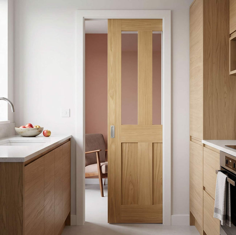 Eton Real American White Oak Veneer Single Evokit Pocket Door - Clear Glass - Unfinished