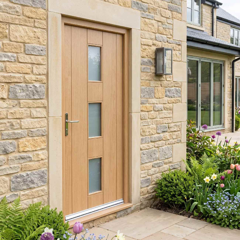 External Door & Frame Set - Copenhagen Oak - Frosted Double Glazing