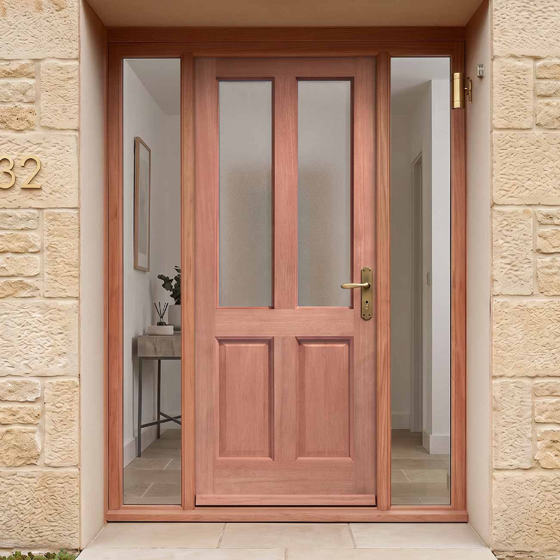 External Door & Frame Set - Malton Hardwood - Frosted Double Glazing - Two Unglazed Side Screens