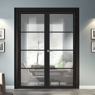 Image: Firena Solid Wood Internal Door Pair UK Made DD0114C Clear Glass - Shadow Black Premium Primed - Urban Lite® Bespoke Sizes
