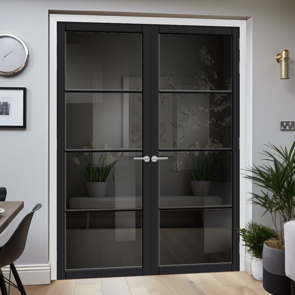 Firena Solid Wood Internal Door Pair UK Made DD0114T Tinted Glass - Shadow Black Premium Primed - Urban Lite® Bespoke Sizes