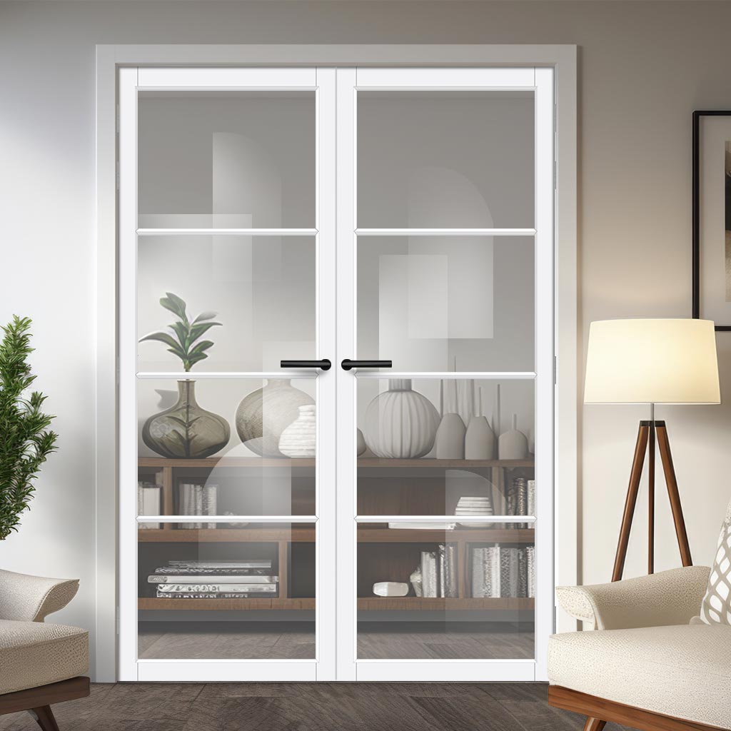 Firena Solid Wood Internal Door Pair UK Made DD0114C Clear Glass - Cloud White Premium Primed - Urban Lite® Bespoke Sizes