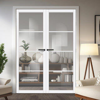 Image: Florence Solid Wood Internal Door Pair UK Made DD0114C Clear Glass - Cloud White Premium Primed - Urban Lite® Bespoke Sizes