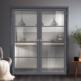 Image: Florence Solid Wood Internal Door Pair UK Made DD0114C Clear Glass - Stormy Grey Premium Primed - Urban Lite® Bespoke Sizes